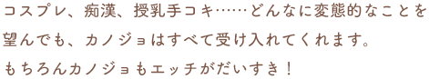 コスプレ、痴漢、授乳手コキ……どんなに変態的なことを望んでも、カノジョはすべて受け入れてくれます。もちろんカノジョもエッチがだいすき!